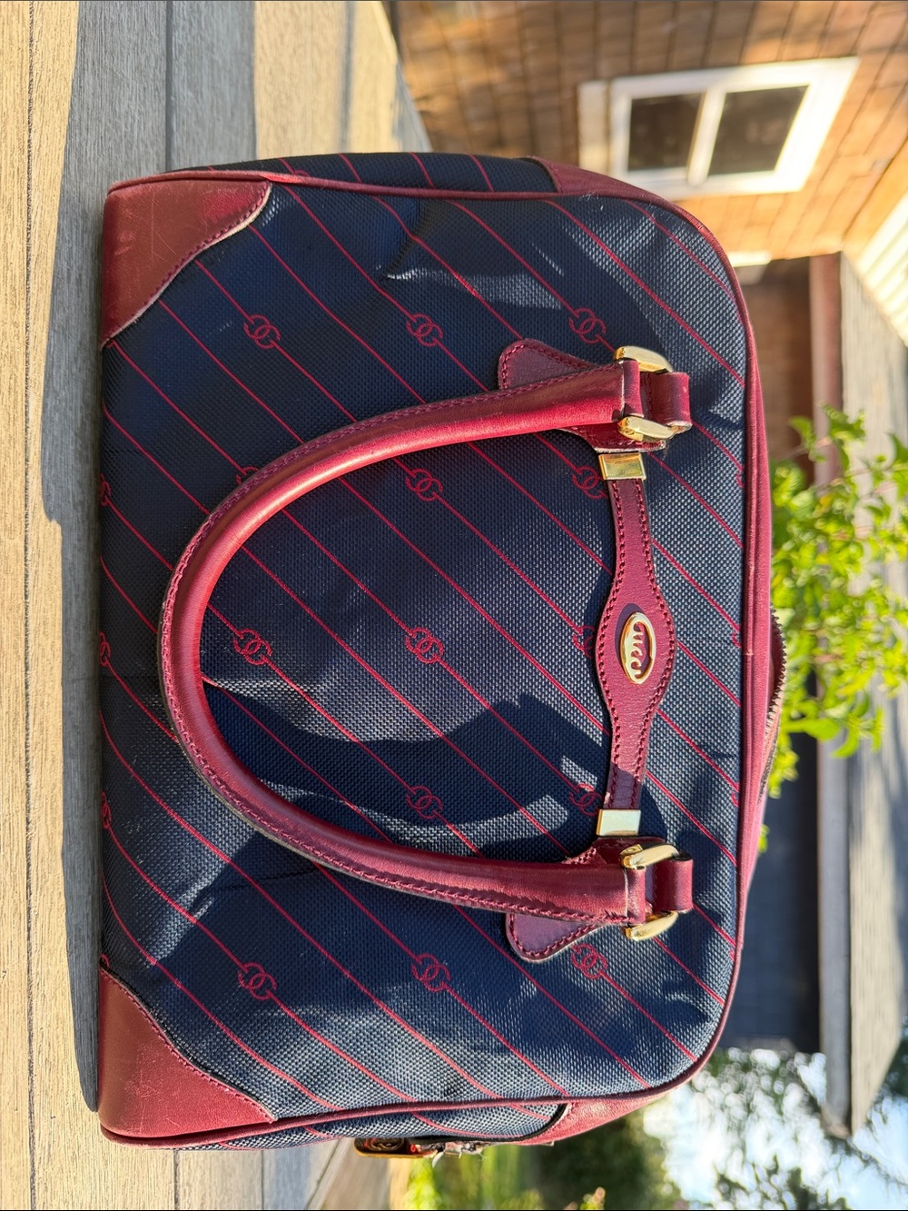 Gucci Navy and Burgundy Top-Handle Travel Bag with Gold Hardware
